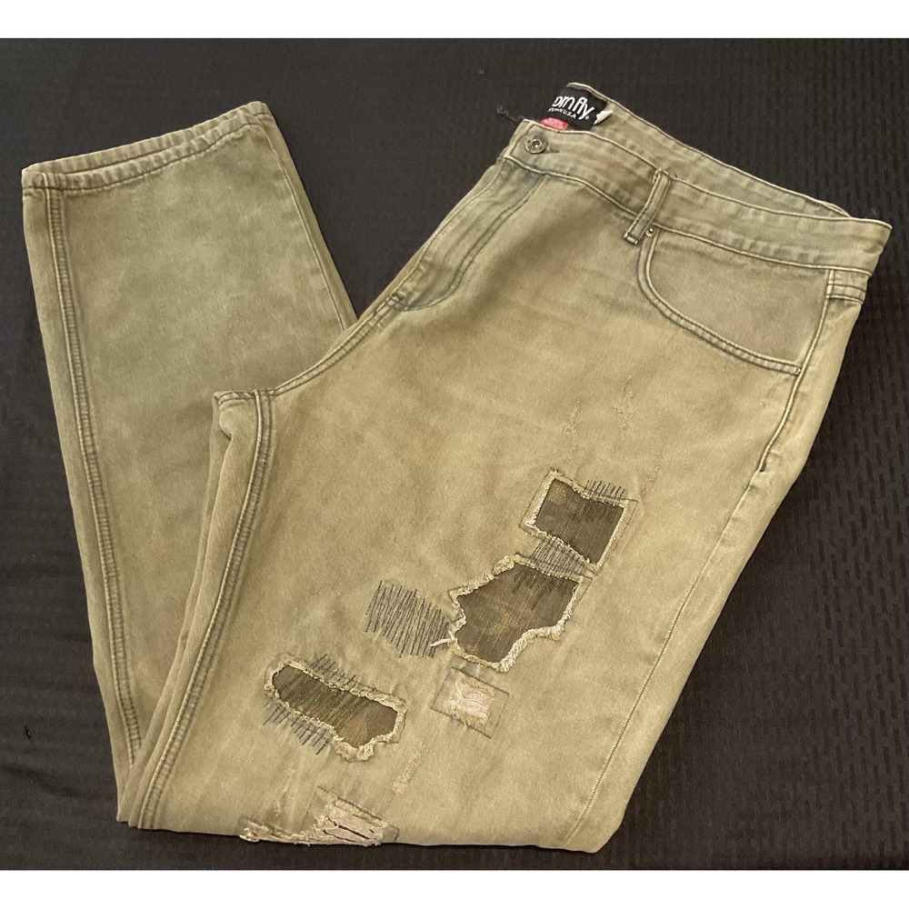 Born Fly Jeans Mens 44x32 Green Regular Straight Distressed Ripped Denim Pants